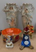 A pair of Royal Dux vases decorated with maidens together with a Wade Carnival 3 figure,