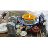A Poole pottery dish together with Wedgwood clocks, Wood blue and white vases,