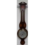 A banjo aneroid barometer with an architectural pediment alcohol thermometer,