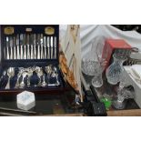 A Viners electroplated cased part flatware service together with a sailing yacht, linen, prints,