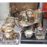 An electroplated tea set together with assorted electroplated wares,