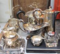 An electroplated tea set together with assorted electroplated wares,