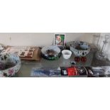 Pottery bowls together with glass decanters, Fry's advertising pamphlets,