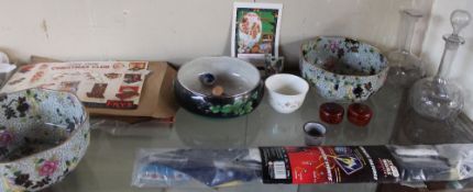 Pottery bowls together with glass decanters, Fry's advertising pamphlets,