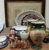An Ironstone part dinner service together with a Japanese bowl, meat plates, soapstone brush pots,