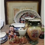 An Ironstone part dinner service together with a Japanese bowl, meat plates, soapstone brush pots,