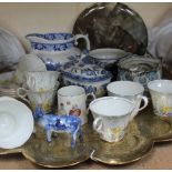 A Lawleys daffodil decorated part tea set, together with a blue and white sauce tureen and cover,