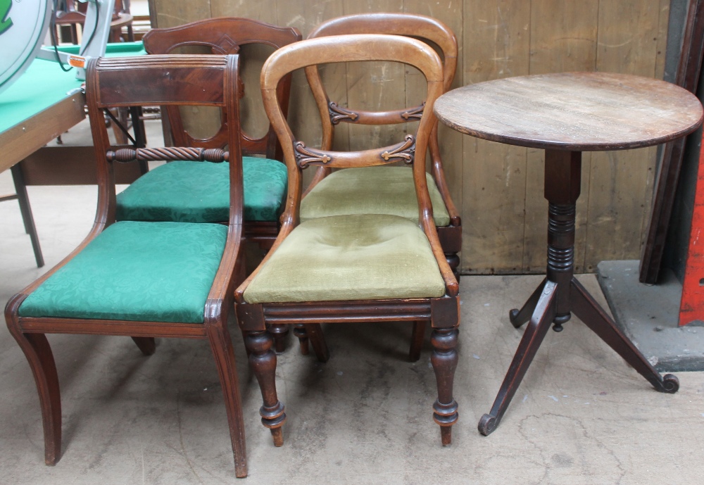 An oak tripod table together with five assorted 19th century chairs and a modern bookcase