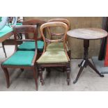 An oak tripod table together with five assorted 19th century chairs and a modern bookcase