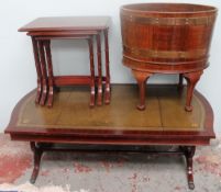 A reproduction coopered barrel wine cooler together with a nest of tables and a long coffee table