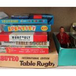 Subuteo Table Rugby together with other board games, action man, lacquer jewellery box,
