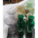 A pair of Mary Gregory style glass vases together with other glass vases etc
