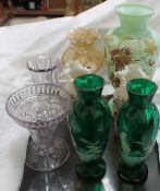 A pair of Mary Gregory style glass vases together with other glass vases etc