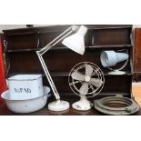 An enamel bread bin together with an enamel bowl, angle poise lamp, Beamwy table fan,