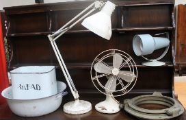 An enamel bread bin together with an enamel bowl, angle poise lamp, Beamwy table fan,