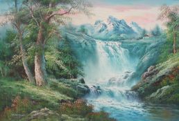 R Danford Waterfall Oil on canvas signed Together with another oil painting and a Beatles picture