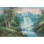 R Danford Waterfall Oil on canvas signed Together with another oil painting and a Beatles picture