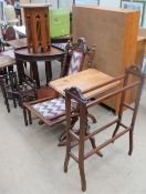 A cluster column mahogany corner table together with an oak occasional table,