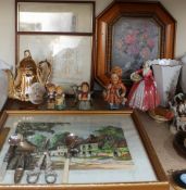 Hummel figures together with a Royal Doulton figure, Janet, copper lustre, Japanese paper knife,