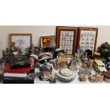 Royal Doulton character jugs together with Capodimonte figures, framed cigarette cards, decanters,