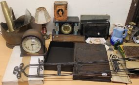 A large lot including a black slate mantle clock together with other clocks, coal scuttle, jugs,