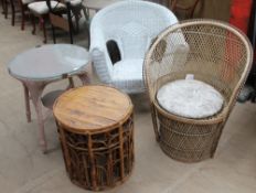 A white painted loom elbow chair together with a loom table,