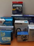 A collection of new and used boxed appliances including a Seal Multimedia Centre,