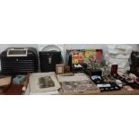A Bush Bakelite radio together with a cabinet of mineral specimens, magic set, collectors' plates,