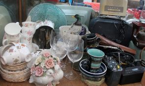 A large lot including a Colclough part tea set, Rumsey pottery, radios,