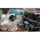 A large lot including a Colclough part tea set, Rumsey pottery, radios,
