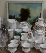 A Paragon Belinda part tea service together with Aynsley vases, drinking glasses,