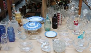 Elizabeth II glass paperweights together with glass decanters, other glasswares,