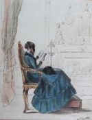 19th century British School An interior scene Watercolour Together with a silkwork picture and a