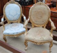 A pair of 19th century French gilt gesso upholstered elbow chairs
