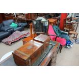 An early 20th century laptop desk together with a mahogany sewing box dressing table mirror and a