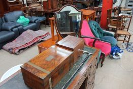 An early 20th century laptop desk together with a mahogany sewing box dressing table mirror and a