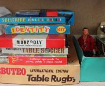 Subuteo Table Rugby together with other board games, action man, lacquer jewellery box,
