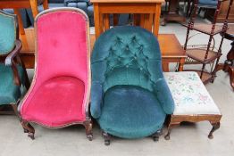 An early 19th century rosewood framed nursing chair together with a Victorian button back