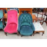 An early 19th century rosewood framed nursing chair together with a Victorian button back