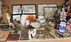 Assorted pipes together with a teddy bear, prints, costume jewellery, carnival glass,
