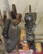 Three flat irons and a spelter bust