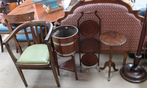 A 19th century carved walnut framed head board together with an office chair, folding cake stand,