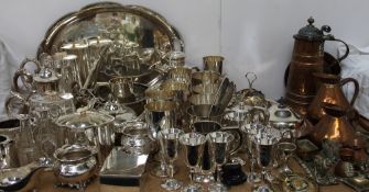 An electroplated four piece tea set together with an electroplated tray,
