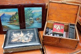 A Chinese lacquered photograph album together with a pair of Oriental pictures and other pictures