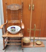 A rocking chair, together with scales, pottery basin,