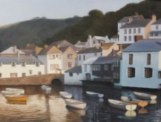 R Pethick Williams A harbour scene Oil on board Together with a coastal oil painting and a print