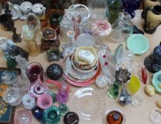 A Mdina glass vase together with Elizabeth II glass paperweights, glass decanters, other glasswares,