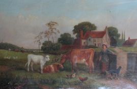 S J Clark A Farmstead scene with cattle and chickens in the foreground Oil on