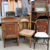 An Edwardian inlaid music cabinet together with an HMV radio, a corner chair,
