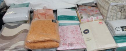 Assorted bed linens, curtains,
